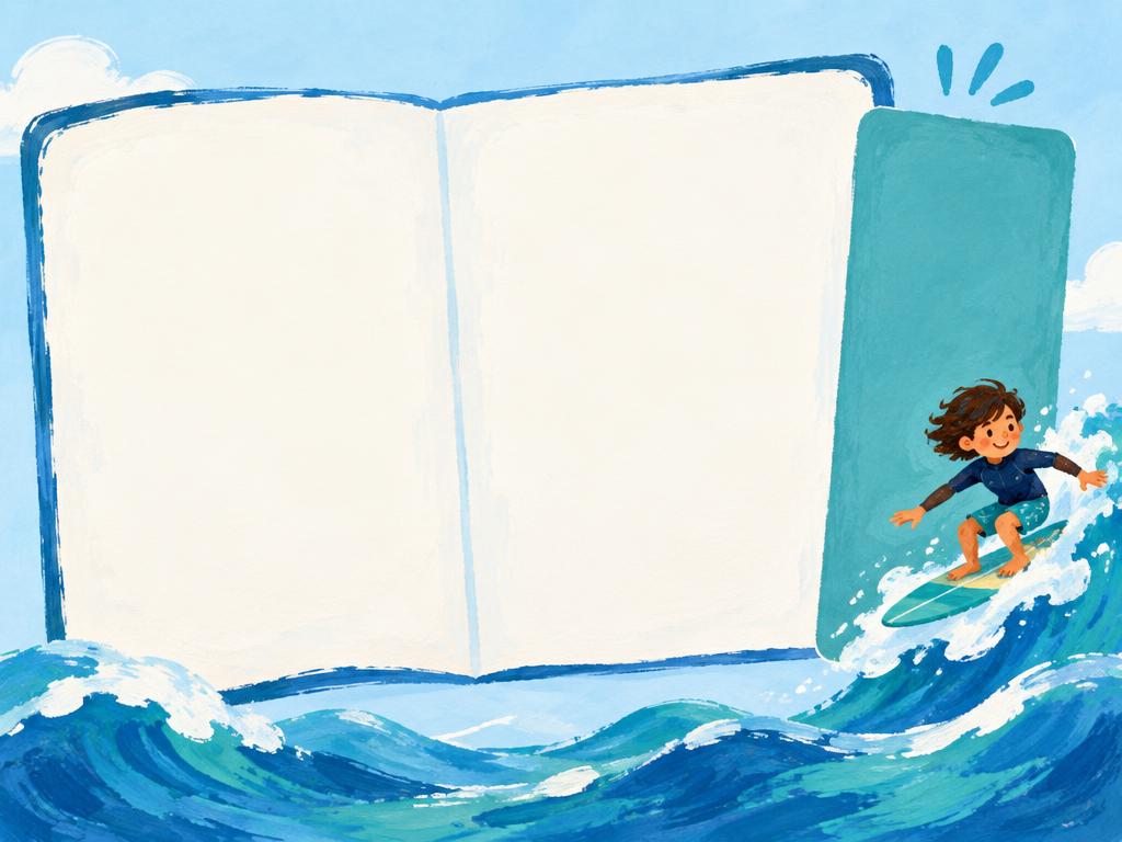 Painted illustration of an open assignment page with Buddy's panel sliding in and a small surfer riding a wave beside it
